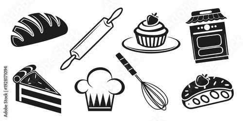 Assorted baking utensils and treats including a cake, bread, and a rolling pin Vector