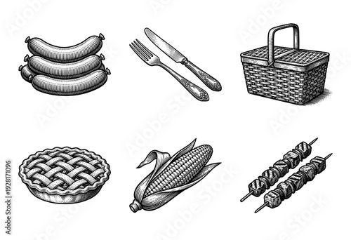 Vintage engraving style picnic and barbecue collection featuring sausages, cutlery, basket, pie, corn, and kebabs in black and white line art.