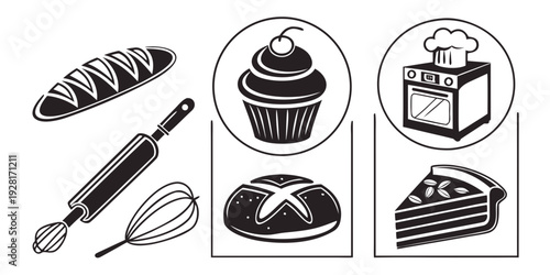 Assorted baking tools and delicious treats displayed in a kitchen setting Vector