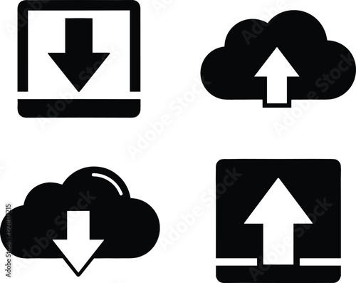 Cloud Upload and Download Icon Set with Data Transfer Storage Backup and File Sharing Symbols for Web Applications