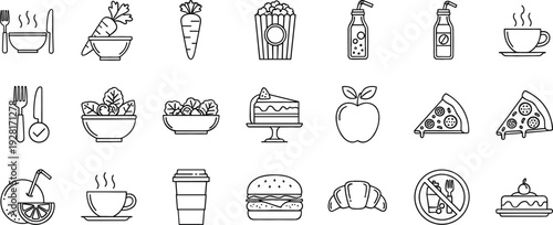 Food and Beverage Icon Set with Fast Food Dessert Coffee Fruit and Restaurant Line Symbols Collection