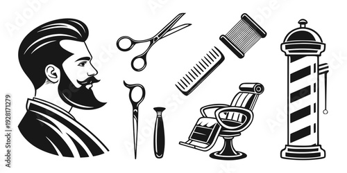 A vintage barber shop sign featuring a bearded man and various barber tools Vector