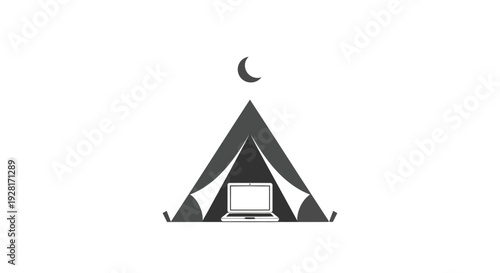 Simple Black Tent Icon with Laptop Inside.
