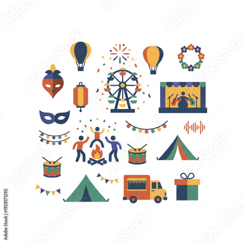 Collection of vibrant carnival and festival icons, including Ferris wheel, hot air balloons, tents, and musical notes, representing celebration and outdoor events