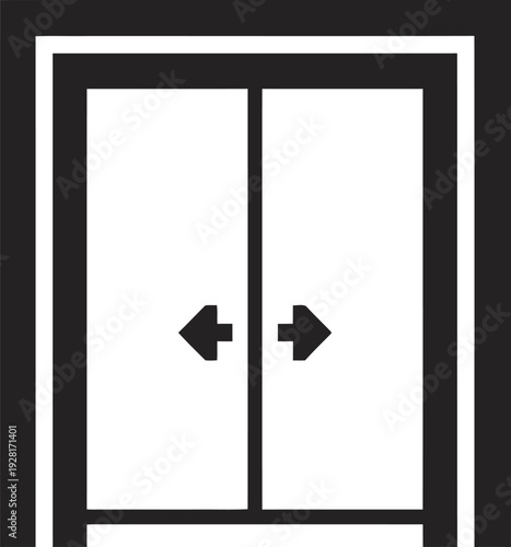 Icon representing double doors opening outwards, symbolizing entry, opportunity, or choice. Vector graphic.