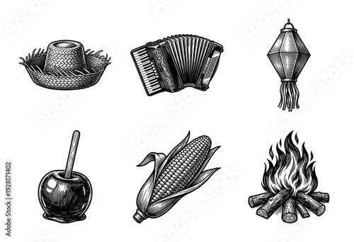 Set of monochrome hand drawn illustrations featuring Brazilian June festival elements including accordion corn straw hat and bonfire in woodcut style