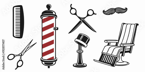 A vintage barber shop with various tools and equipment for hair cutting and grooming. Vector