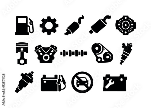 Car Service Icons. Solid vector icons of car service: fuel pump, gear, exhaust pipe, muffler, alternator, piston, engine block,