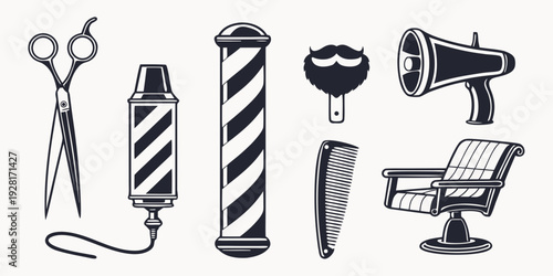 A variety of tools and equipment used in barbering and hairdressing Vector