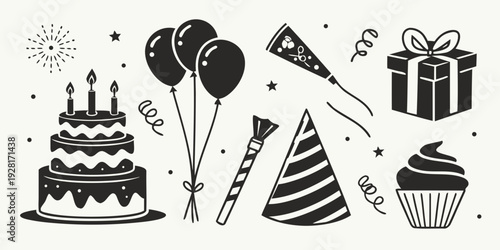 Assorted birthday party decorations including cakes, balloons, and party hats Vector