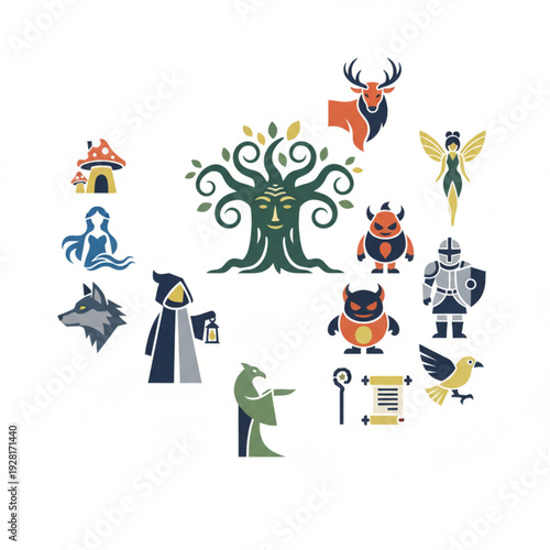 Fantasy creatures and characters collection, including a stag, wolf, wizard, knight, fairy, monsters, and a magical tree, all presented as icons