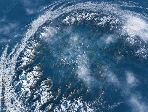 Aerial view of an oceanic phenomenon, resembling a submerged landmass with textured cloud formations