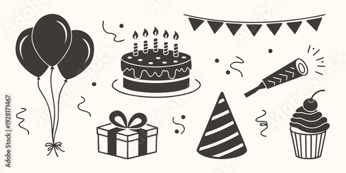 A festive birthday celebration with cake, balloons, and party decorations Vector