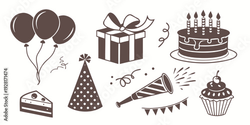 Assorted birthday celebration items including cakes, balloons, and party hats Vector