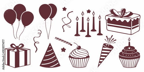 Assorted celebration items including balloons, gifts, and desserts Vector