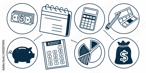 Illustration of various office supplies and equipment on a desk. Vector