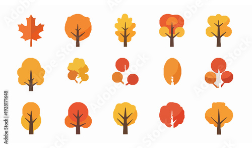 Flat autumn tree icons collection with colorful fall foliage vector set