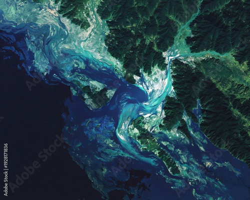 Aerial view showcases a river's meeting with the sea, creating swirling patterns and textures. Green land borders