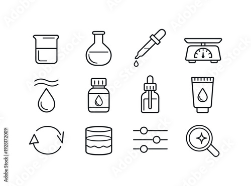 Line style of custom scent composition vector icons: beaker, flask, pipette, scale; aroma drop, essence, extract, concentrate;