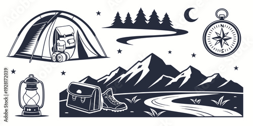 A serene campsite under the stars with a tent, campfire, and mountain landscape Vector