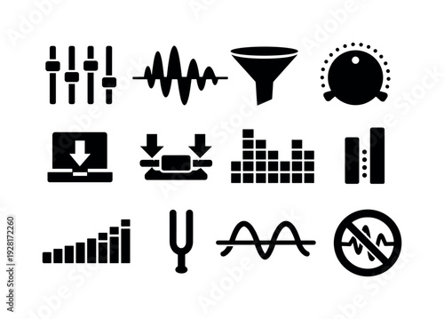 Solid vector icons of sound quality control: equalizer slider, frequency band, audio filter, gain knob, limiter, compressor,