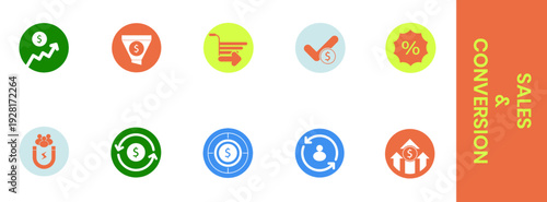 Flat sales and conversion icon set featuring growth, funnel, marketing, profit, discount, retention, targeting, and revenue symbols for business, ecommerce, and analytics design.
