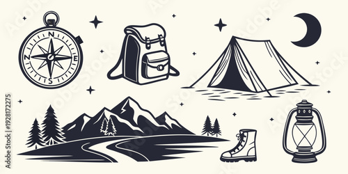 A serene campsite with tents, mountains, and a starry night sky Vector