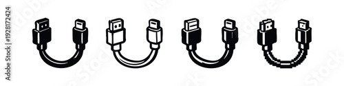 Isometric USB Cable Icons Set - Type-A to Micro-B Connector Symbols in Various Styles