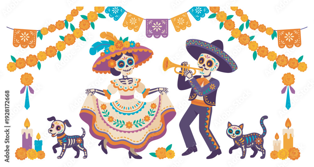 Naklejka premium Day of the Dead skeleton characters celebrating with a dancing Catrina, a mariachi playing trumpet, pets, marigolds, and papel picado in a festive cartoon vector illustration set