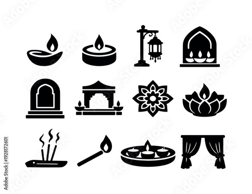 Solid vector icons of festival of lights: oil lamp, tealight, lantern stand, window arch, doorway, threshold, floor pattern,