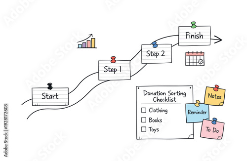 Milestone roadmap path, notebook strips as checkpoints, mini chart and calendar icons, pinned sticky notes for Donation sorting