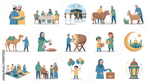 Set of flat vector illustrations depicting Islamic holiday traditions for Eid al-Adha, including family prayer, Hajj pilgrimage, Qurbani animal sacrifice, and festive celebrations