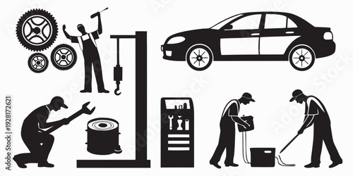 Illustration of various maintenance and repair activities for vehicles and household items Vector