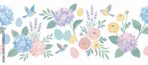 Decorative seamless Easter floral border pattern with pastel hydrangea, ranunculus, lavender, flying birds, and colorful eggs in a charming hand-drawn vector illustration style