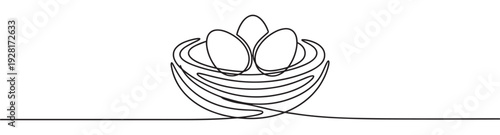 Bird's nest with three eggs drawn in a continuous single line style, representing new life, family, and home in a minimalist black and white vector illustration
