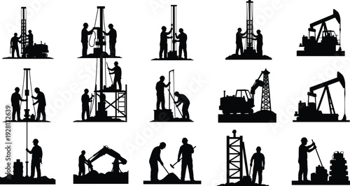 Oil and Gas Industry Worker Silhouettes Set, Black Vector Illustration of Drilling Rig, Pumpjack and Petroleum Extraction Operations in Energy Sector