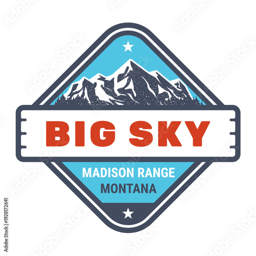 Big Sky ski resort, Montana, Madison Range emblem with snow-covered mountains, vector