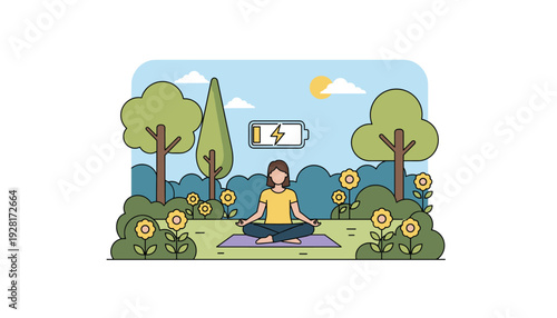 Woman meditating in serene park with low battery symbol overhead