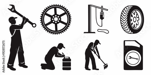 A collection of images depicting various tools and activities related to tire repair and maintenance. Vector