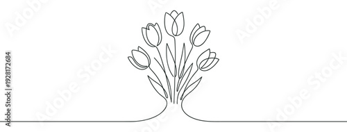 Continuous one line drawing of a tulip bouquet with five elegant flowers and delicate stems in a minimalist black and white art style for a modern aesthetic