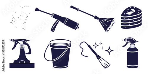 An assortment of cleaning tools and supplies for household chores Vector