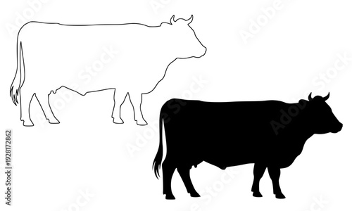 Black silhouette and outline illustration of a cow standing side view, featuring dairy cattle and farm animal design for livestock, agriculture, and veterinary vector illustration