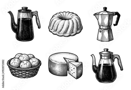 Vintage style engraving collection featuring breakfast items including coffee pots moka express bundt cake cheese and bread rolls in a basket.
