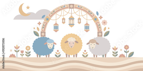Three cute pastel-colored sheep celebrate the Eid al-Adha festival under a decorative arch with traditional lanterns, a crescent moon, and flowers