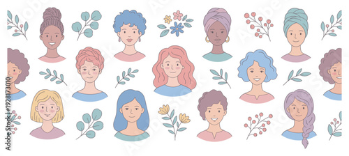 Diverse collection of illustrated women portraits with colorful hair, various hairstyles, and different skin tones, interspersed with delicate botanical elements in a soft, pastel palette