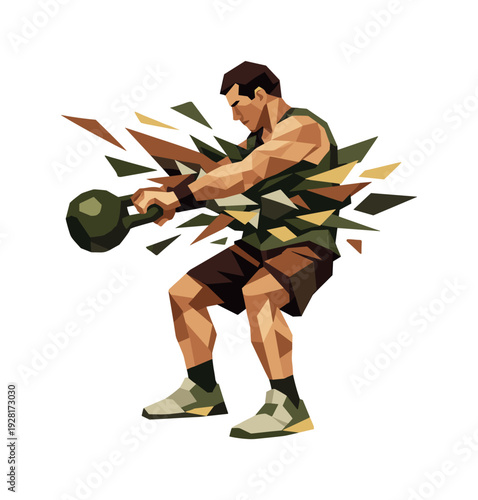 Dynamic Kettlebell Swing. Low-poly vector illustration of an athlete mid-swing under peak tension, torso braced and shoulders