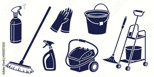 Assorted cleaning tools and equipment arranged in a row Vector