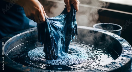 Close Up of Artisan Hands Lifting Wet Indigo Dyed Fabric from Steaming Vat