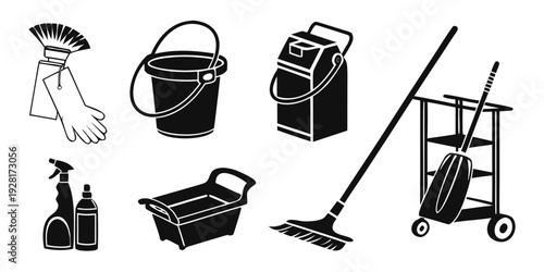 A collection of cleaning tools and equipment for various household chores Vector