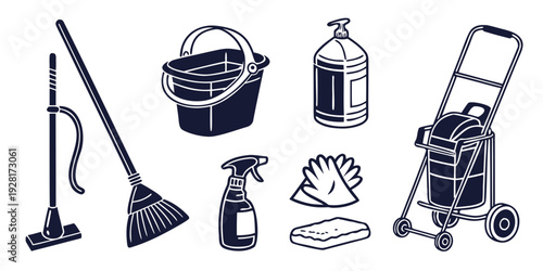 An assortment of cleaning tools and supplies arranged neatly in a row. Vector